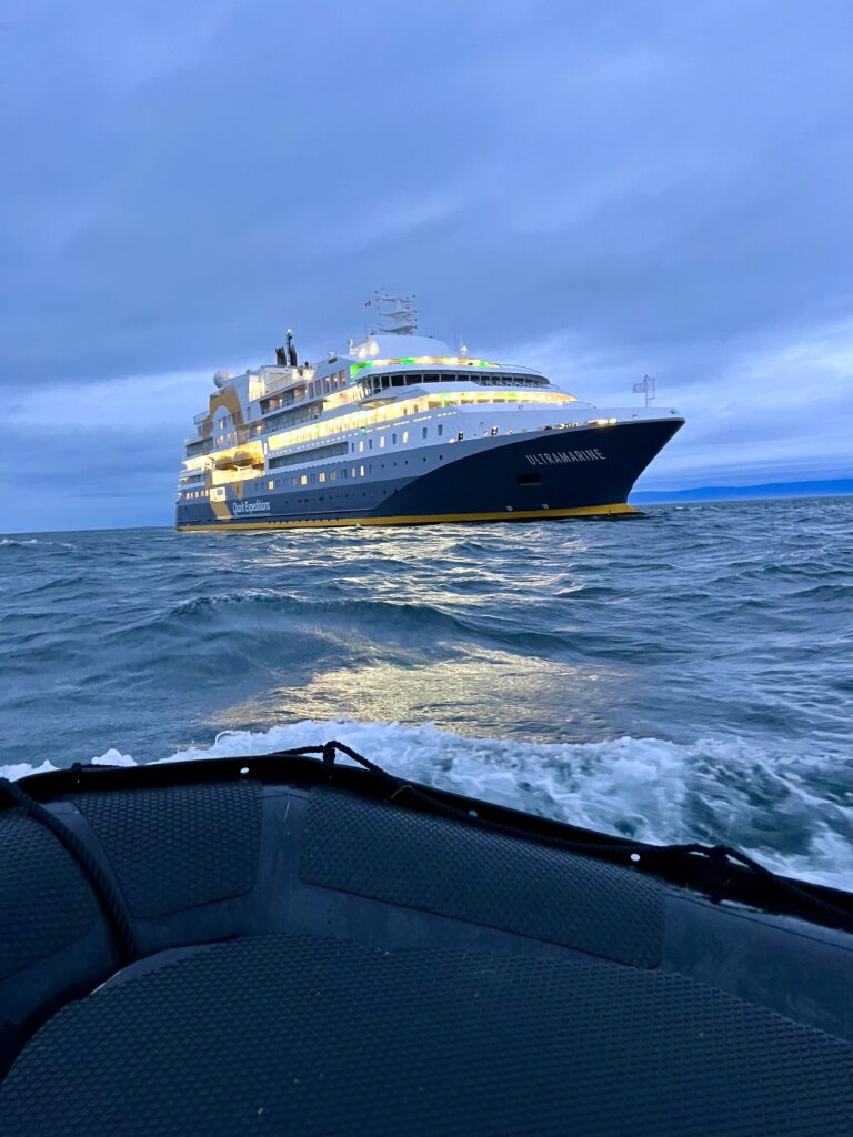 Arriving by Zodiac in Iqualuit, Nunavut on the Quark Expeditions Ultramarine for a High Arctic expedition in Canada